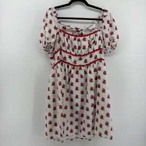 The Frolic Mini Dress White Red Womens XXL Floral Rose Puff Sleeve Ric Rac Trim